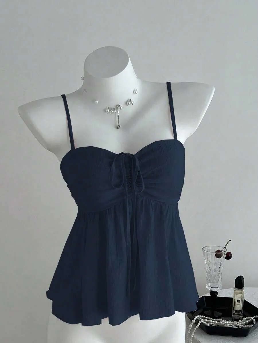 女士可爱纯色荷叶边吊带背心，夏季大学服装