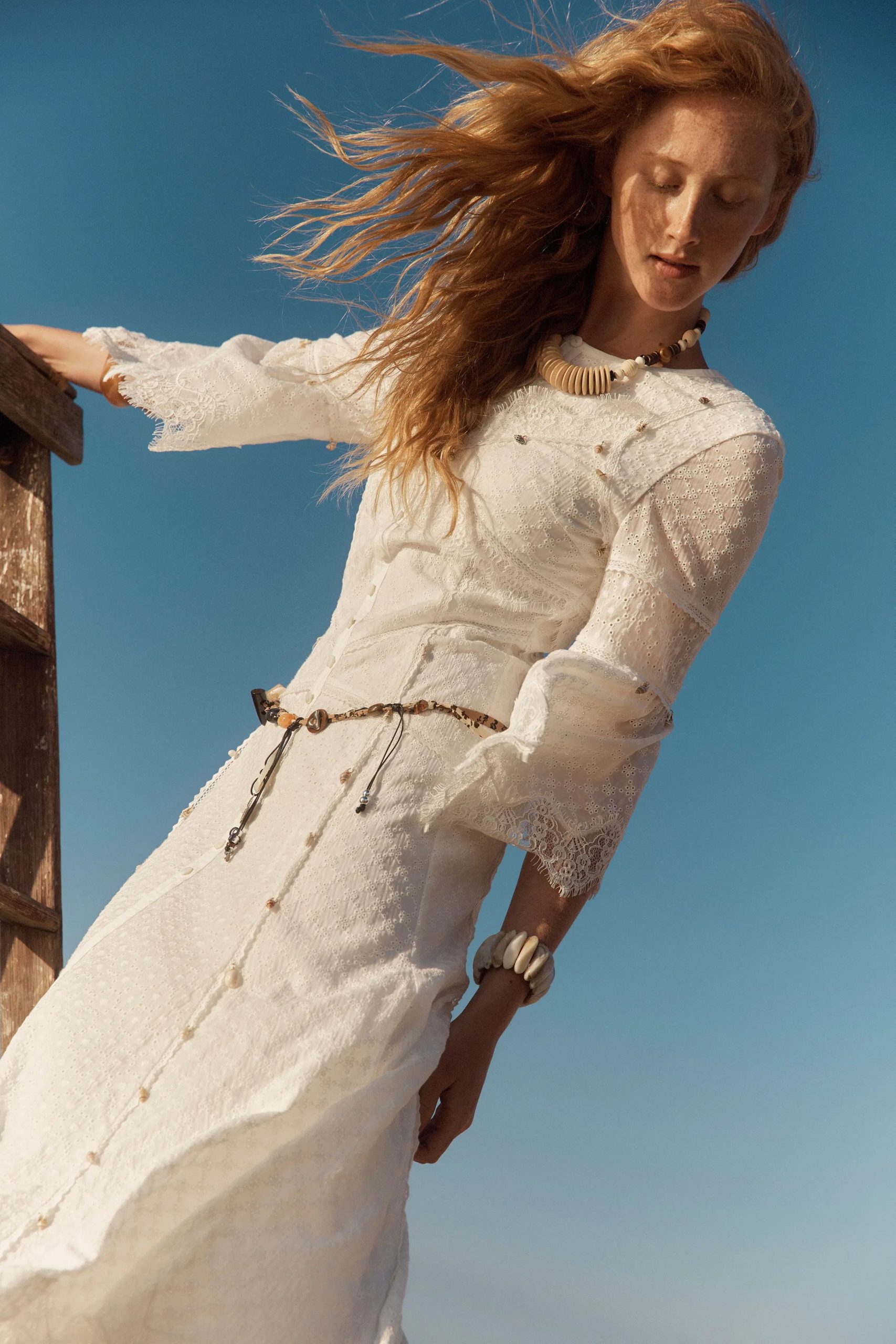 Aitana Lace Jacquard Embroidery Long Sleeves Irregular Hem Dress in Tencel Linen