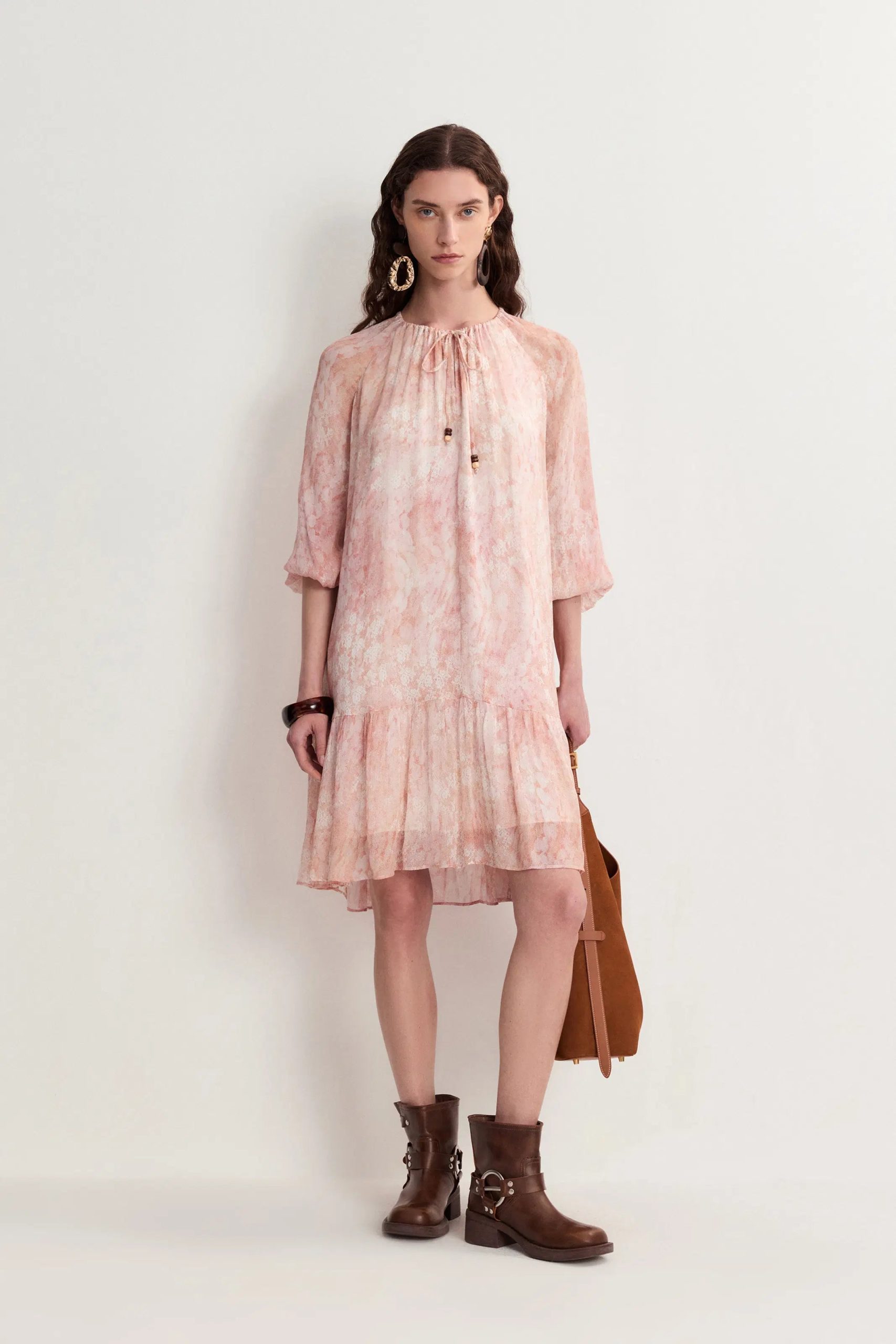 Arianna Hand Painted Flora Print Long Sleeve Dress in Crinkled Rayon