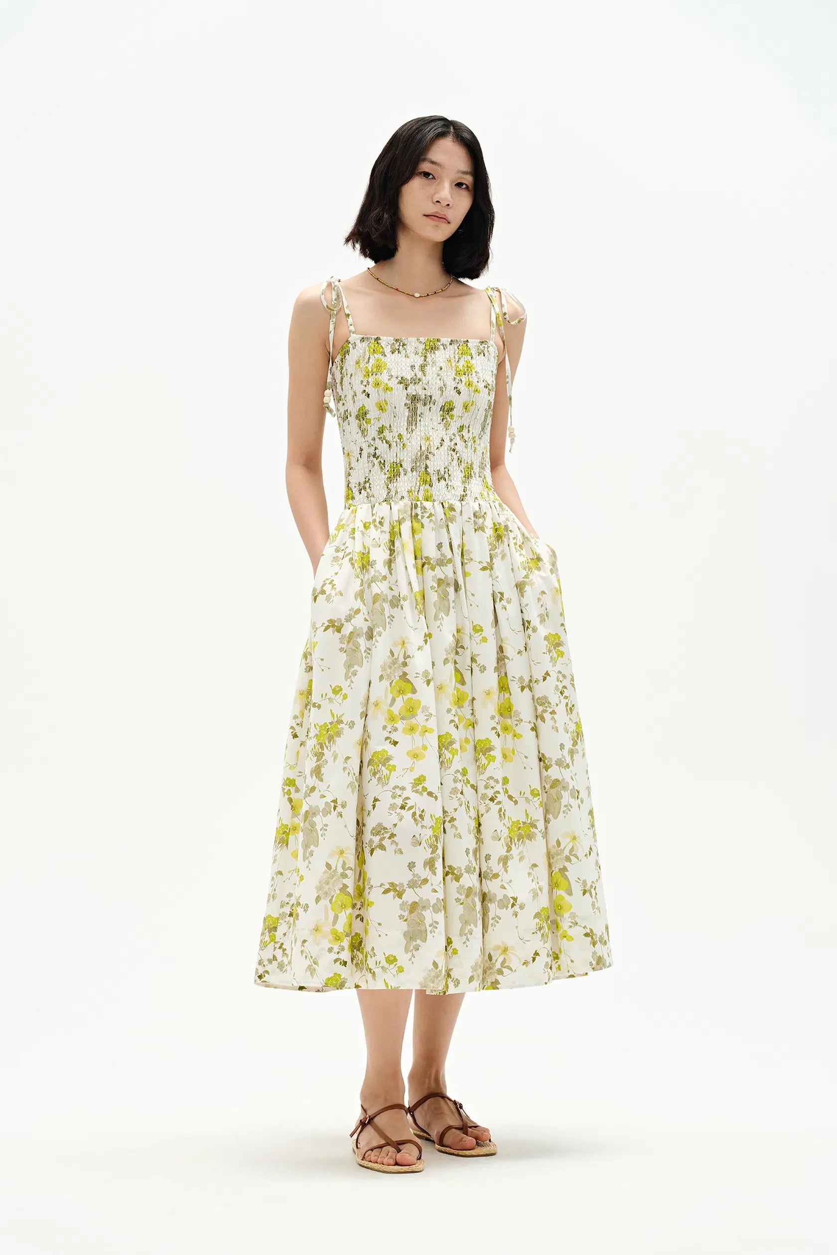 Alice Hand Painted Flora Strap Dress in Silk Cotton