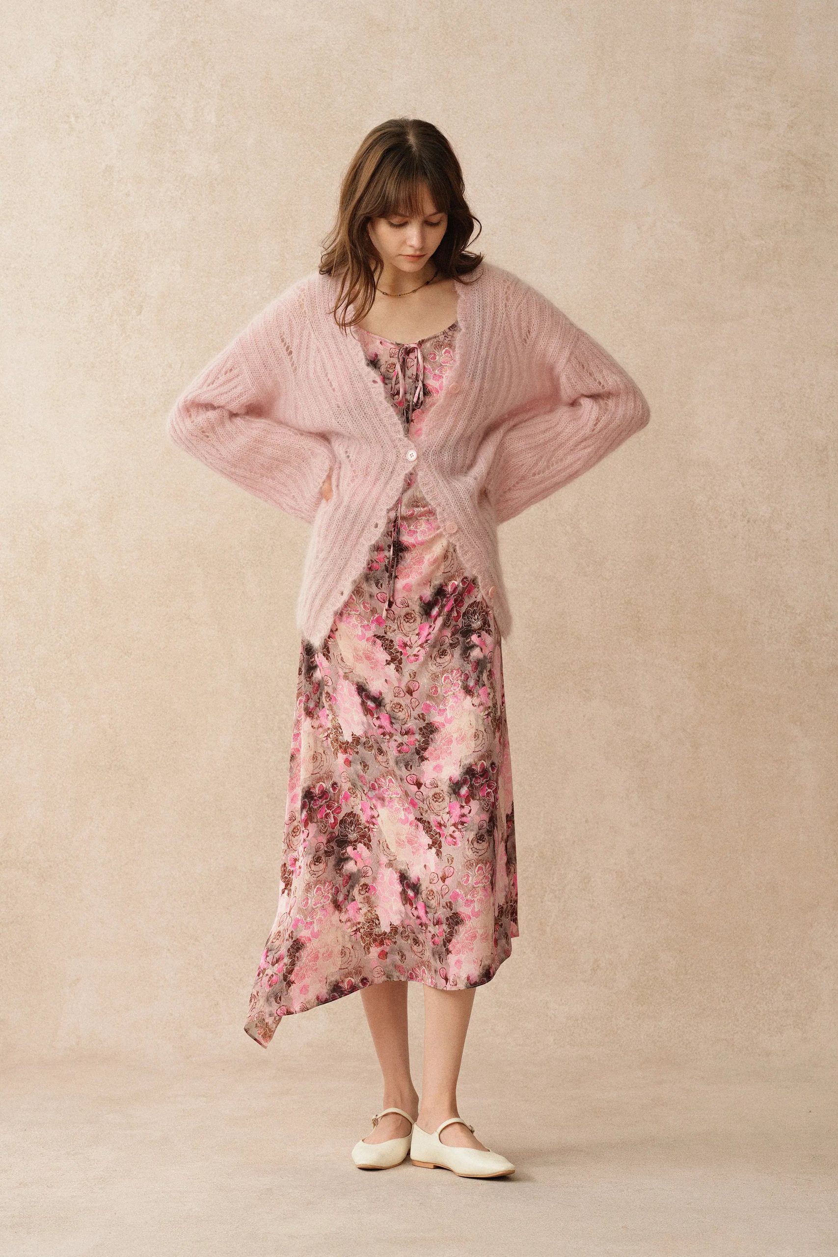 Aki Scalloped Neckline Sheer Cardigan in Lightweight Cable Mohair Knit