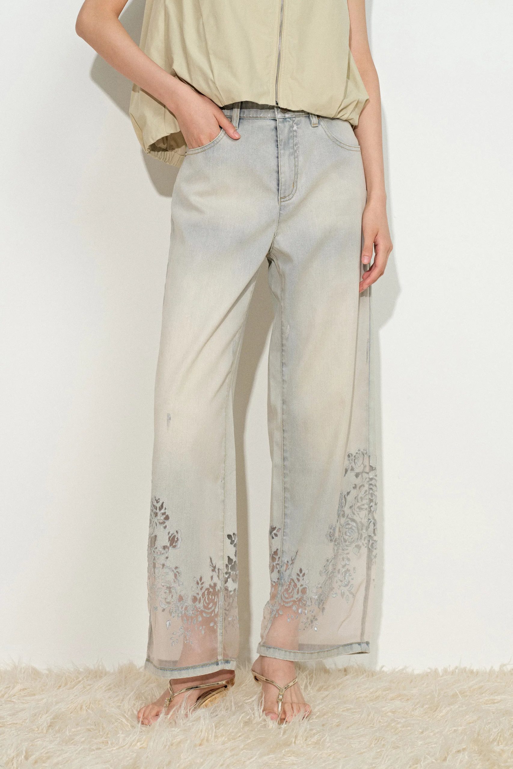 Ariel Straight Cropped Jeans in Transparent Burnout Denim