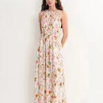 Alice Halter Neck Flora Maxi Dress in Pleated Silk Blend