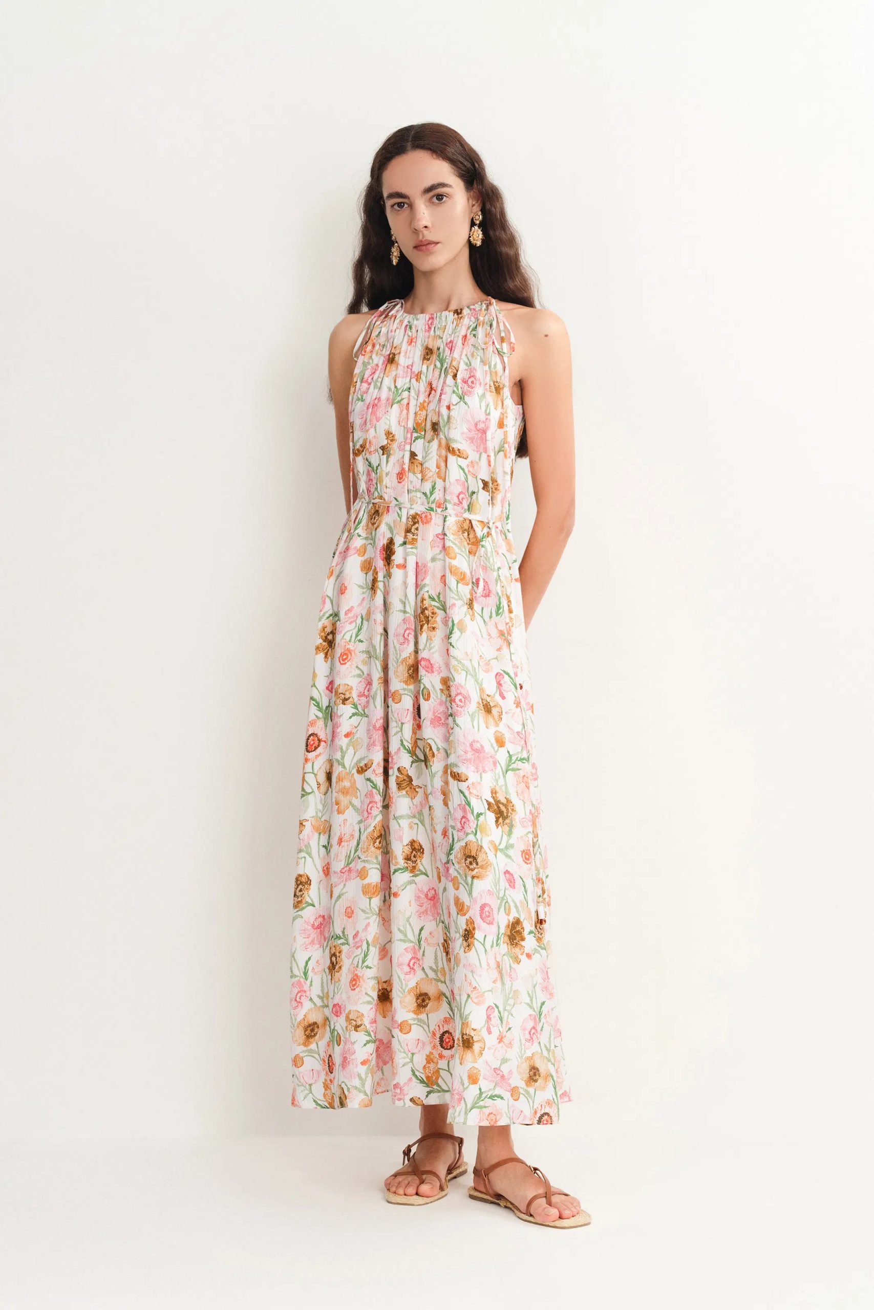 Alice Halter Neck Flora Maxi Dress in Pleated Silk Blend