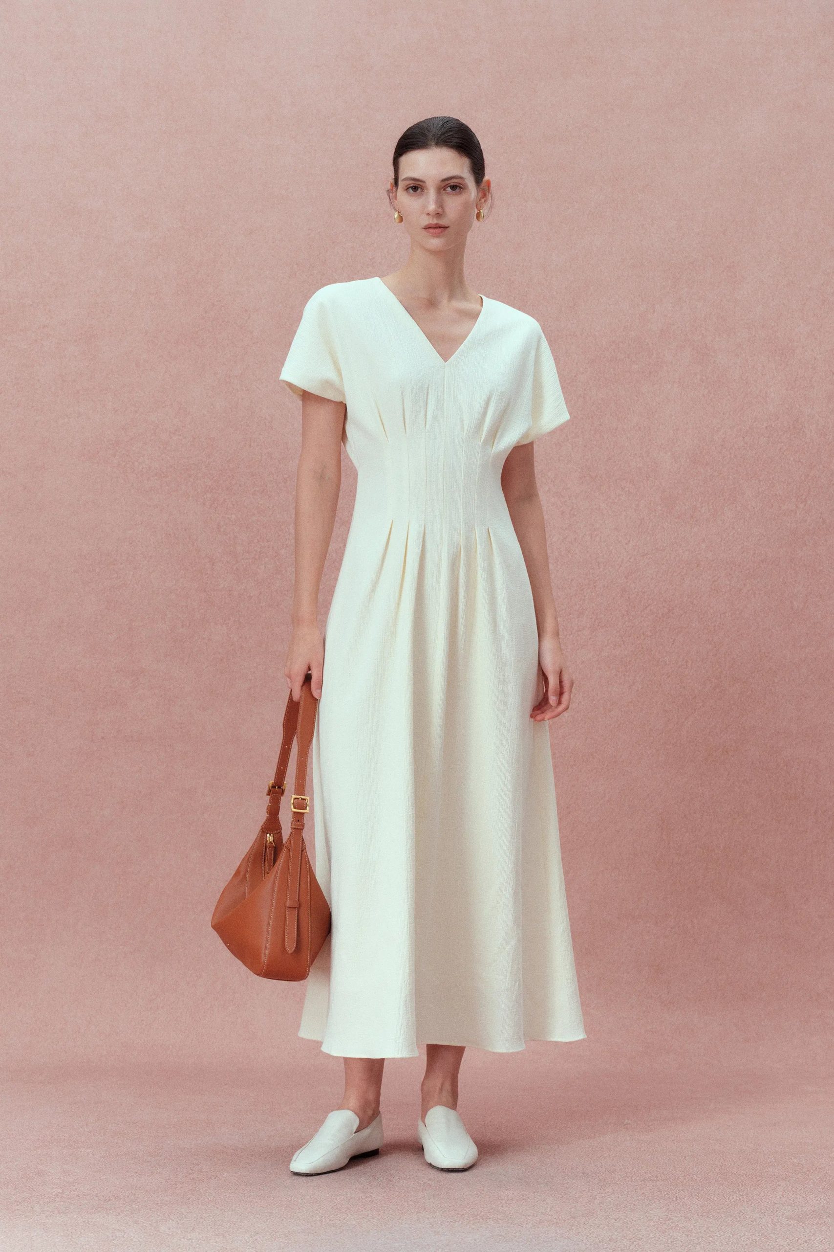 Adeline Cinched Waist White Midi Dress in Cotton