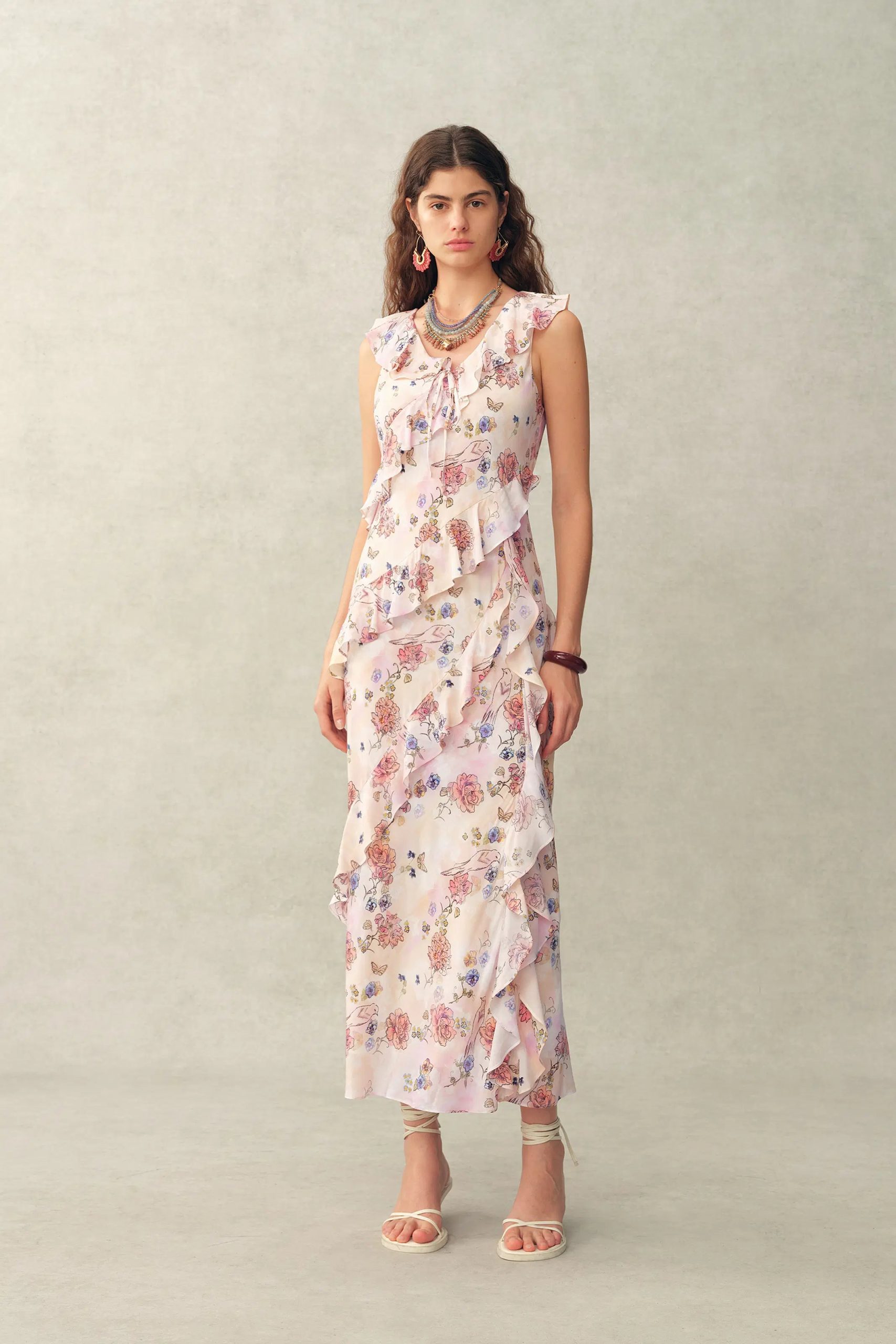 Alice Handpainted Floral Bias Cut Ruffed Sleeveless Dress in Crinkle Gauze