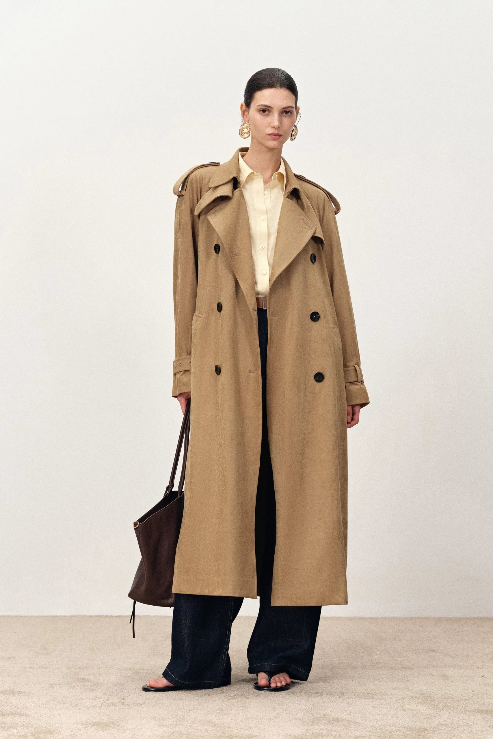 Astrid Detachable Epaulette Trench Coat in Faux Suede