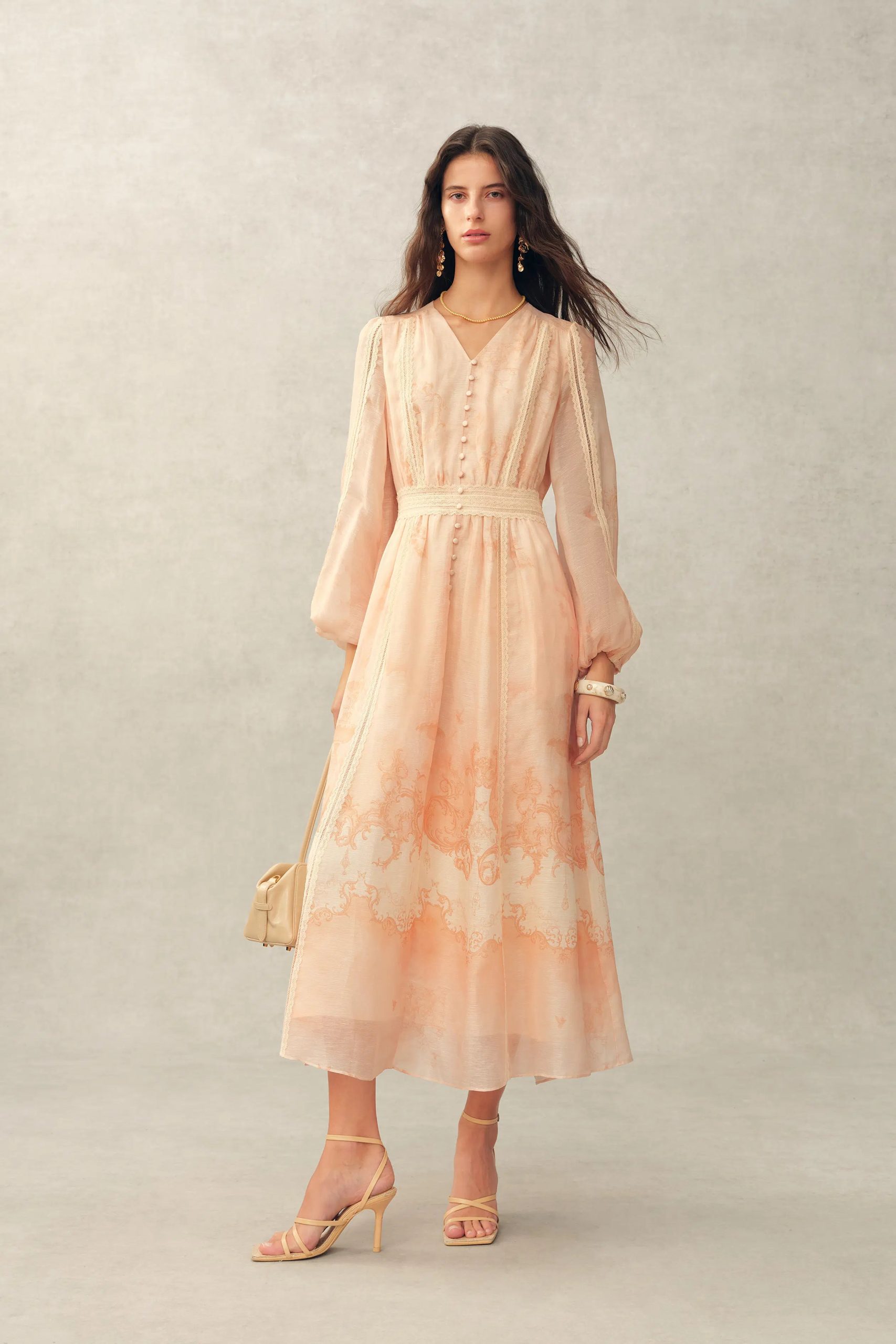 Anne Handpainted Floral Lace Dress in Silk Linen Organza