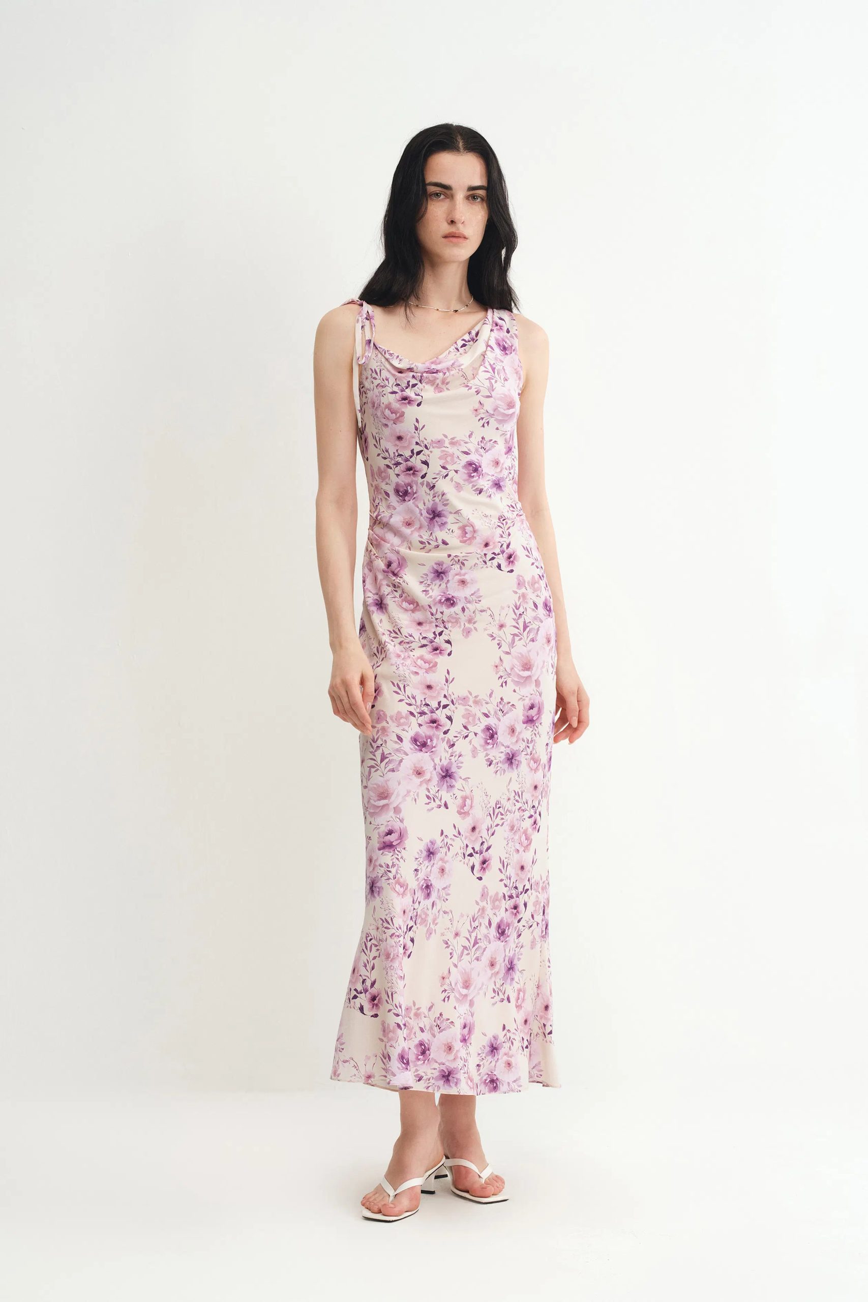 Alice Asymmetrical Cowl Neck Flora Dress in Mulberry Silk Crepe