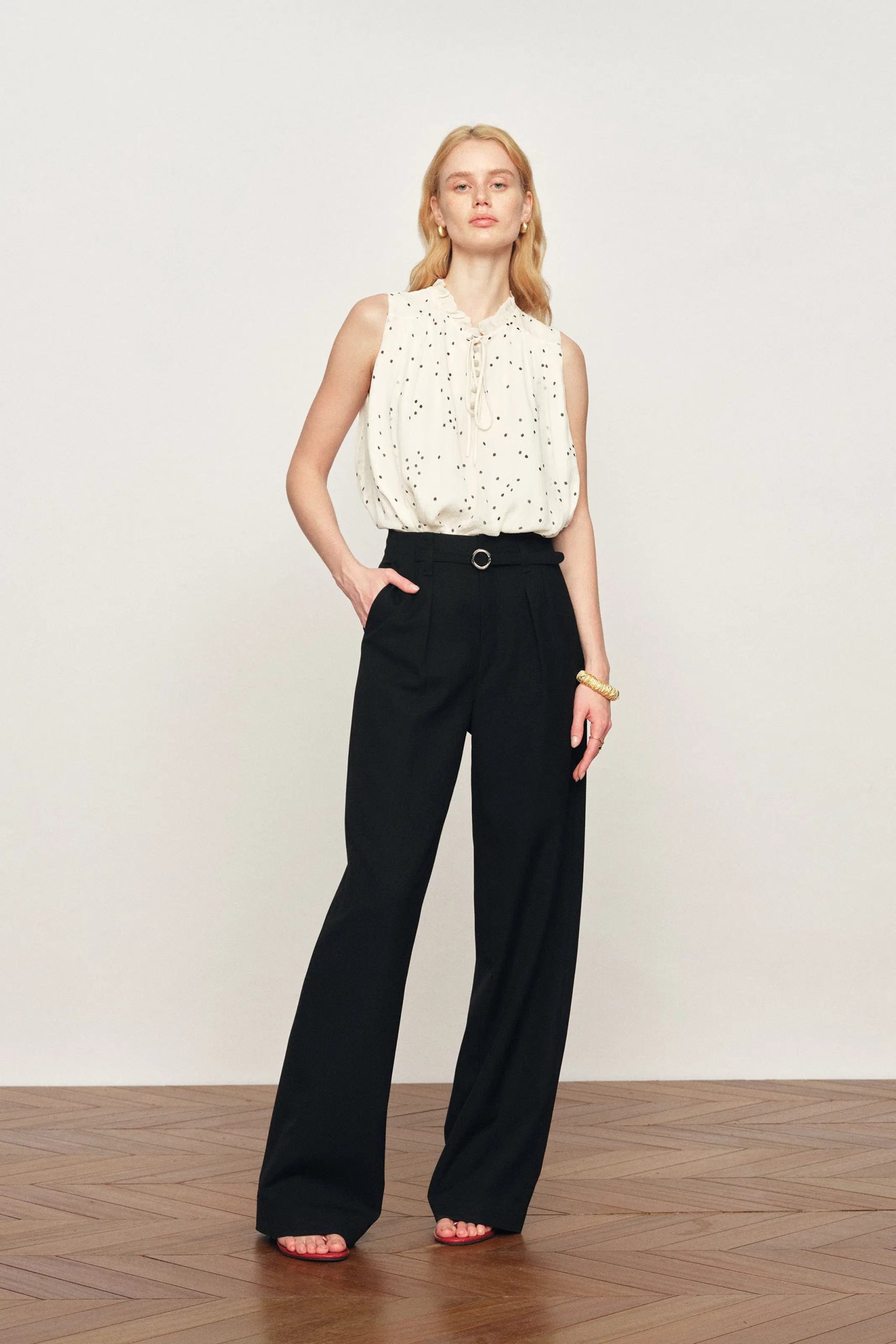 Anaïs Polka Dot Pleated Sleeveless Blouse in Silk Georgette